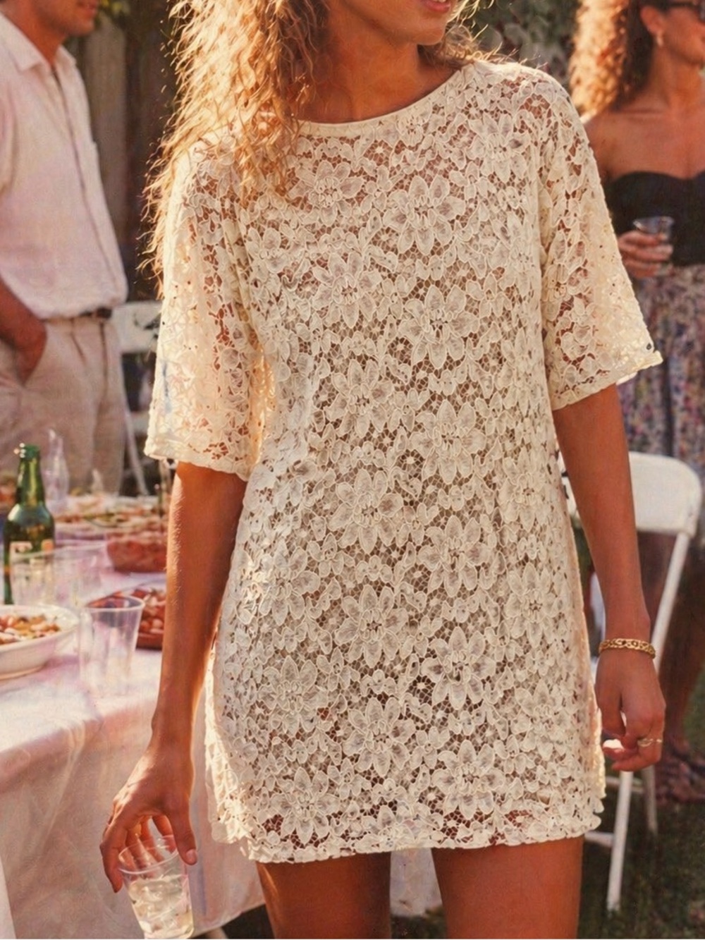 Vintage 80s/90s La Folie Lace Floral Mini Shift Dress - Cream - Made in Canada